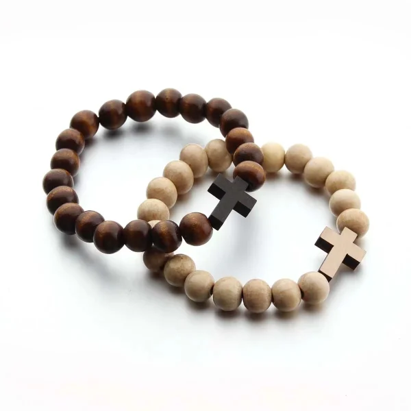 Religious Catholic Wood Rose Beaded Bracelets Men Women Orthodox Christ Jesus Cross Virgin Mary Pendant Bracelets