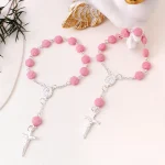 New Pink Rose Flower Rosary Children's Bracelet Cross Pendant Religious Anniversary Jewelry Gift - Image 3