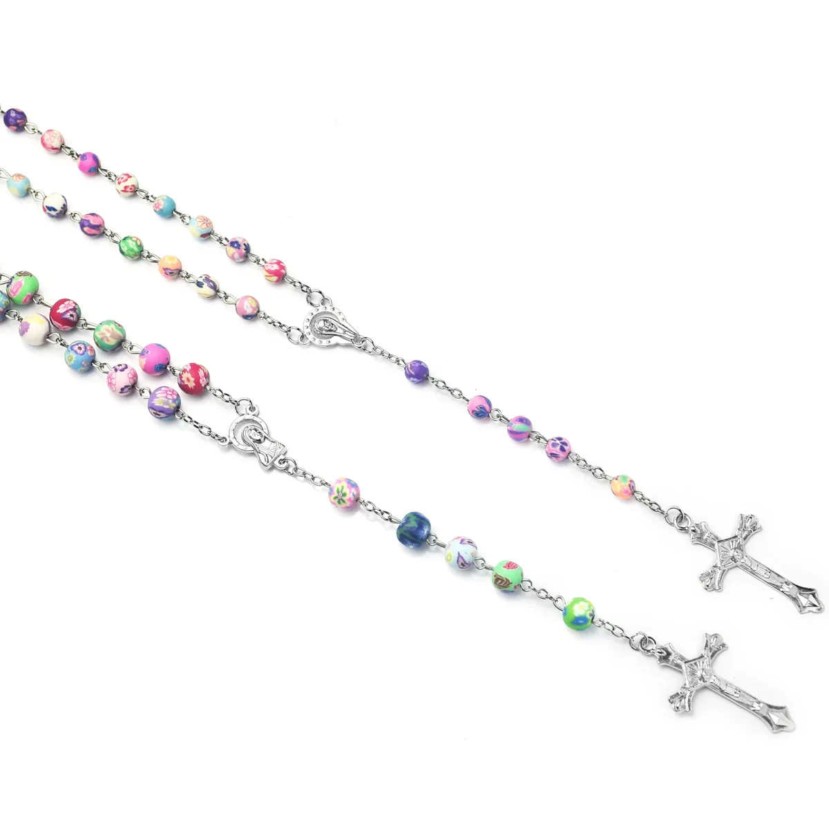 Catholic Rosary Necklace Colorful Soft Clay Cross Polymer Clay 8mm/6mm Colored Patterned Beads Prayer Beads Jesus Alloy Pendant - Image 3