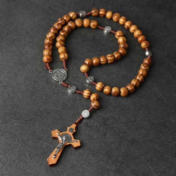 Catholic Religious Jewelry Gift Making Supplies 8*10mm Wooden Beads Rosary Necklace Cross Jesus Fashion Beaded Antique B