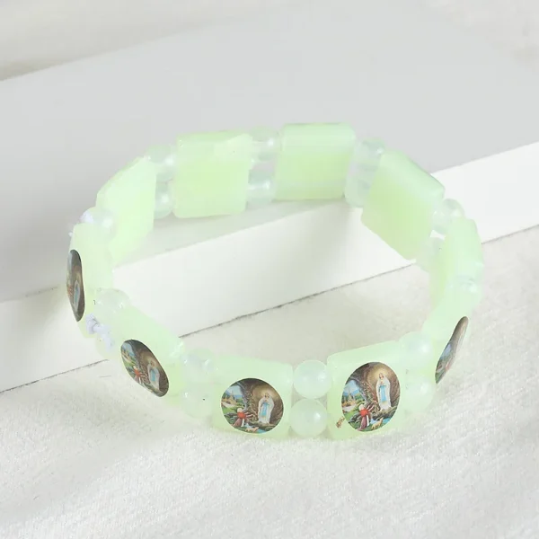 Hot Selling Catholic Cross Luminous Saint Image Religious Bracelet Resin Elastic Beaded Personalized Bracelet