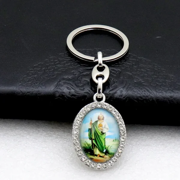 Catholic Theme Alloy Handmade Commemorative Cartoon Photo Frame Oval Micro-Inlaid Jewelry Keychain Pendant