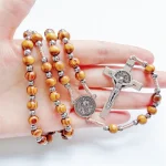 Religious Rosary Necklace Wood Beaded Cross Catholic Prayer BeadJesus and Saint Benedict Pendant Necklace - Image 3