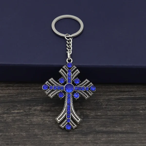 Blue Cross Catholic Church Gift Metal Keychain Diamond-encrusted for Men and Women