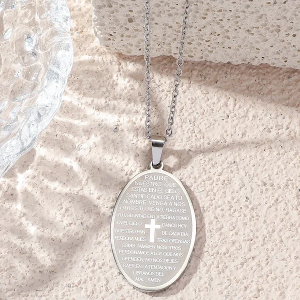 Catholic Gold Cross Pendant Stainless Steel Oval Religious Lettering Scripture Ornament Titanium Steel Necklace