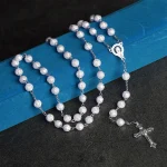 Mecrt Christian Jewelry 8mm Rose Beads Religious Catholic Rosary Enamel Crucifix Pendant Fashion Beaded Necklace