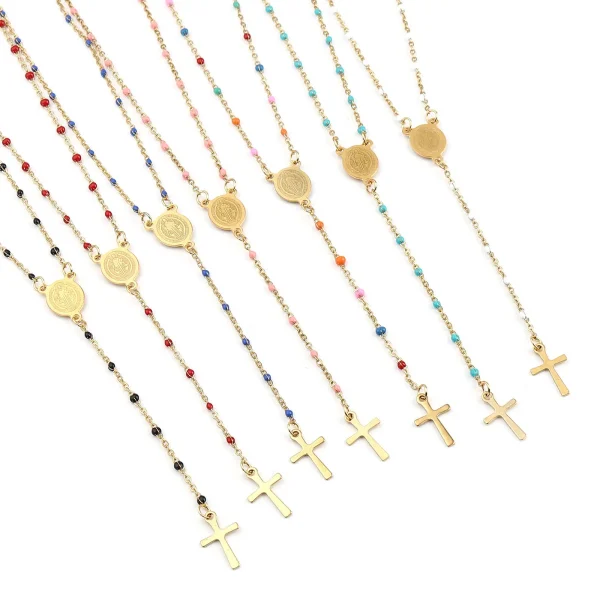 Catholic Rosary 18K Gold Vacuum Plated Stainless Steel Jewelry Christian Religious Totem Cross Necklace Church Gift