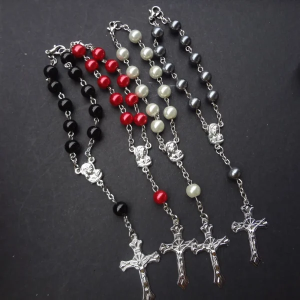 Wholesales Christian Jewelry Plastic Round Peal Glass Beads Rosary Crucifix Virgin Mary Pendant Rosary Bracelet