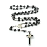 Cross-border St Benedict Black Resin Christian Rosary Cross Necklace Vintage Long Woolen Chain Beaded Gift Accessories Women