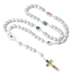 Catholic Rosary Jesus Cross Pendant White Silver-plated Rose Bead Crucifix Necklace Religious Jewelry Church Gift Wholesale