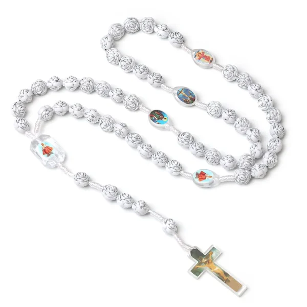Catholic Rosary Jesus Cross Pendant White Silver-plated Rose Bead Crucifix Necklace Religious Jewelry Church Gift Wholes