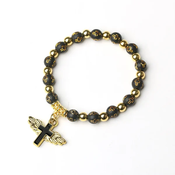 Catholic Cross Wings Gold Stamping Acrylic Cross for Bracelet with Enamel Beads Angel Beads Baptism Rosary for Bracelet
