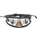 Mecrt Men's Religious Punk Cuff Bracelets Virgin Mary Medal Beaded Woven Leather Wristband Zodiac Gifts with Cross Shape - Image 6