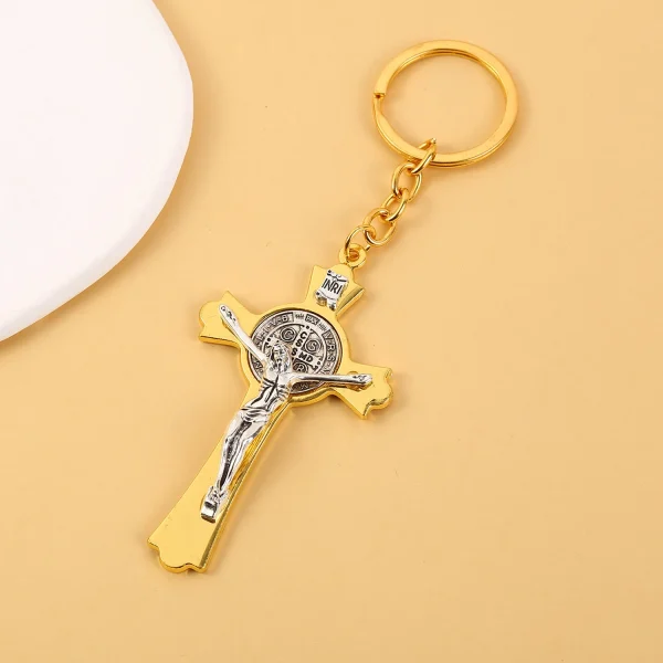 Catholic Cross Keychain Metal Saint Benedict Cross Keychain Catholic Crucifix Medal Keyring Jerusalem Charm