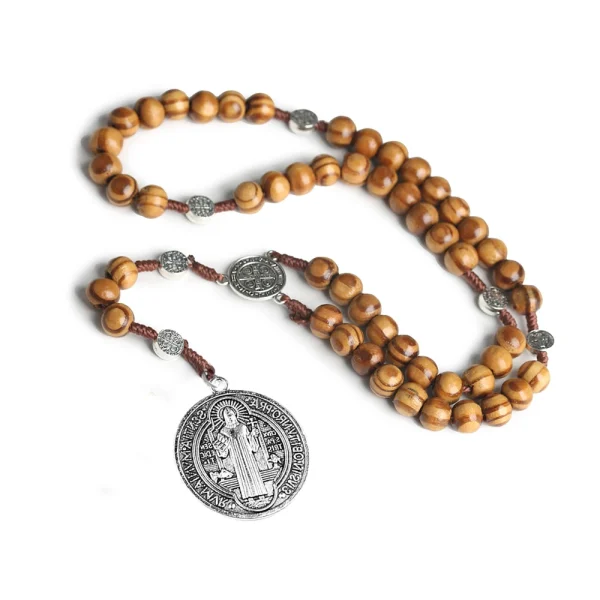 Catholic Religious Jewelry Gift Making Supplies 8*10mm Wooden Beads Rosary Necklace Cross Jesus Fashion Beaded Antique B