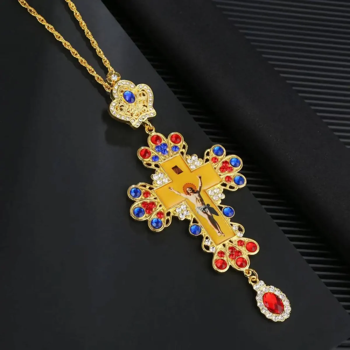 Cross Orthodox Jesus Crucifix Pendants Rhinestones Cross Chain Gold Religious Jewelry - Image 4