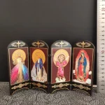 Handmade Catholic Wooden Crafts Gifts Four-Door Religious Jesus & Virgin Mary Screen Small Wood Table with Ornaments Wall Signs