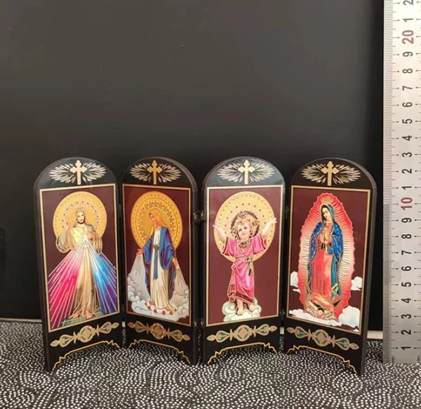 Handmade Catholic Wooden Crafts Gifts Four-Door Religious Jesus & Virgin Mary Screen Small Wood Table with Ornaments