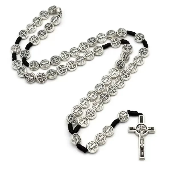 St Benedict Medal Hand Made Knotted Cord Rosary Religious Necklace for Men and Women