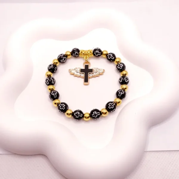 Catholicism Acrylic Cross Bead Bracelet with Gold Stamping Angel Cross Eucharist Baptism Rosary Bracelet Beaded Gift