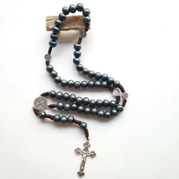 St Benedict Medal Religious Rosary 10mm Wood Beads Cross Necklace Catholic Rosaries