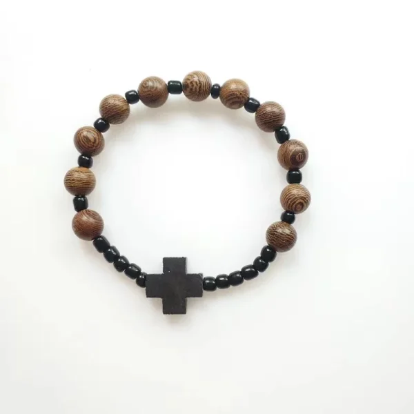 8mm Natural Wood Bead Elastic Yago Black Cross Wrist Bracelet for Men
