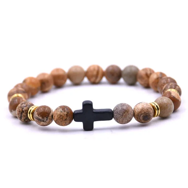 Tiger Eye Volcanic Stone for Bracelet Black Cross with Elastic Cord Trendy Christian Religious Accessory