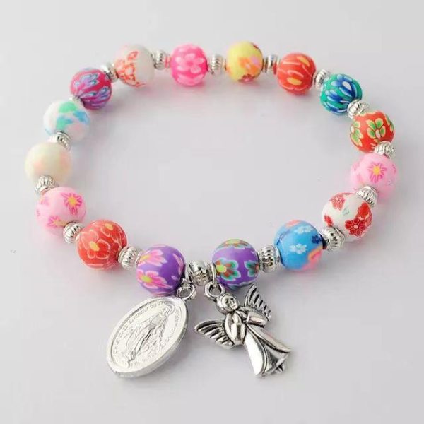 Mecrt Catholic Soft Pottery and Pearls Plating Alloy Beaded Bracelet Rosary Cross Charm Keepsake Purple Crystals Gift Un