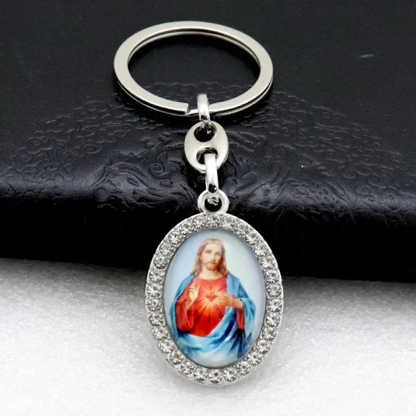 Catholic Theme Alloy Handmade Commemorative Cartoon Photo Frame Oval Micro-Inlaid Jewelry Keychain Pendant