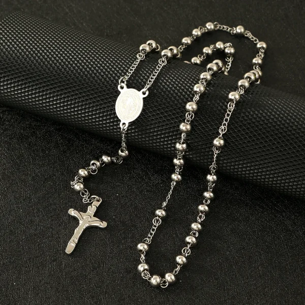 Wholesale Stainless Steel Rosary Retro Niche Personality Premium Oval Necklace Tassel Cross Pendant Catholic Prayer Bead