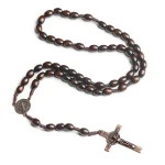 Vintage Religious Style Catholic Rosary Wooden Beads Cross Necklace with Jesus Saint Jewelry Easter Gift for Christianity Church - Image 3