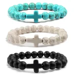 Black Jewelry Turquoise Cross Pendant Frosted Volcanic Stone Elastic Yoga Bracelet Women Gift Stock