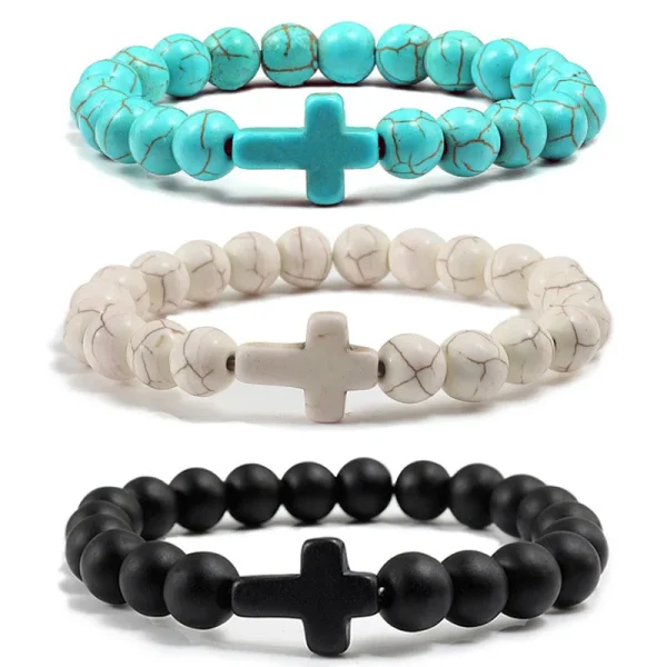 Black Jewelry Turquoise Cross Pendant Frosted Volcanic Stone Elastic Yoga Bracelet Women Gift Stock