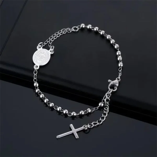 Wholesale 4mm Stainless Steel Rosary Bracelet Religious Style with S.T Miraculous Centerpiece Medal Cross Charms Religio
