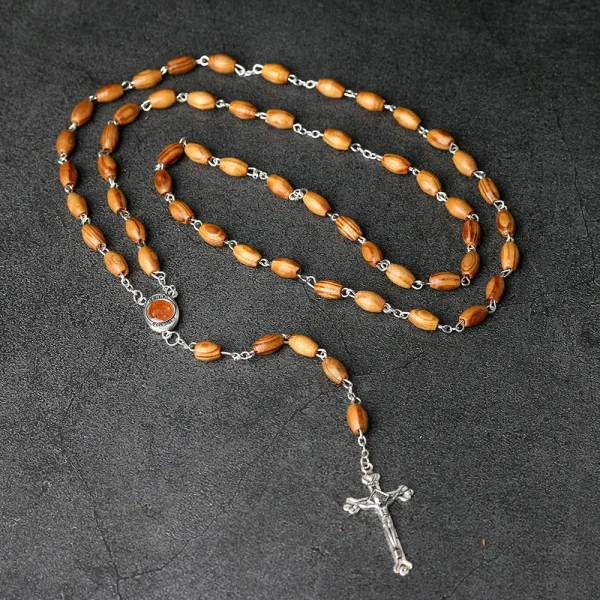 Mecrt Catholic Crucifix Communion Baptism Fine Beaded Necklaces Natural Wooden Cross Rosary Holy Soil Boxed Cross-Border