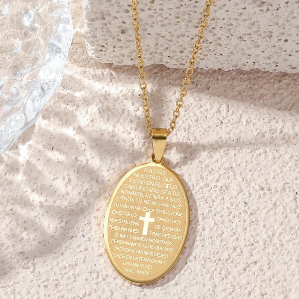 Catholic Gold Cross Pendant Stainless Steel Oval Religious Lettering Scripture Ornament Titanium Steel Necklace