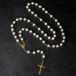 Classic White Glass Beads Rosary Set with Gold Plated Beaded Necklaces for Catholic Gift - Image 3