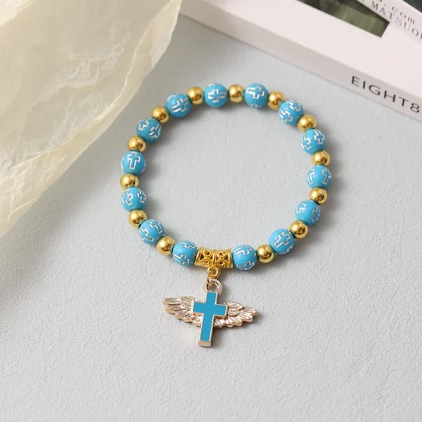 Catholicism Acrylic Cross Bead Bracelet with Gold Stamping Angel Cross Eucharist Baptism Rosary Bracelet Beaded Gift