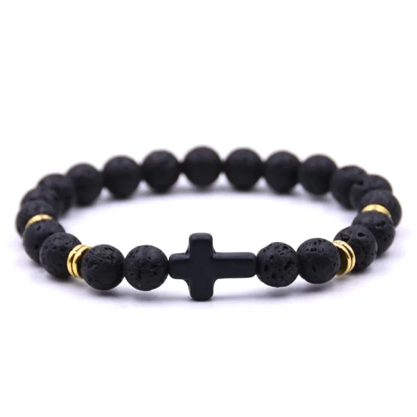 Tiger Eye Volcanic Stone for Bracelet Black Cross with Elastic Cord Trendy Christian Religious Accessory