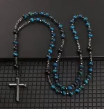 Mecrt Religious Black Onyx African Turquoise Hematite Tiger Eye Stone Pray Beads Blessing Christian Cross Necklace - Image 3