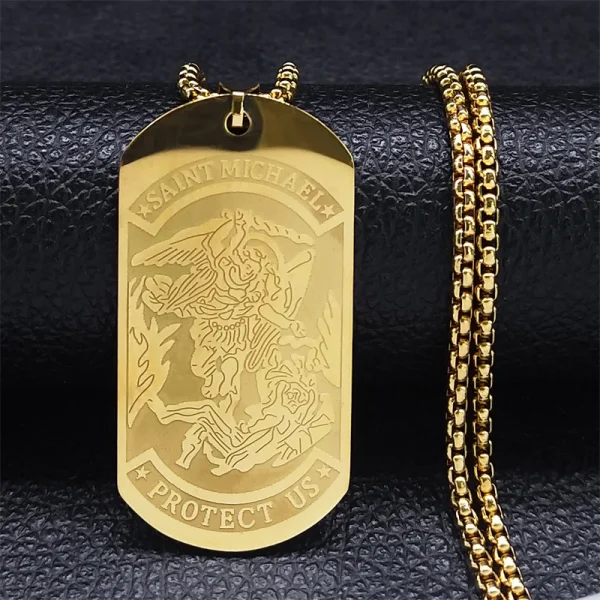 Mecrt Archangel Saint Michael Necklace Stainless Steel Rectangle Religious Pendant Necklaces Saint Shield Necklace for M