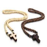 Mecrt Fashion Wood Beaded Rosary Necklace 8mm Wooden Beads Necklace with Cross Pendant Religious Necklaces