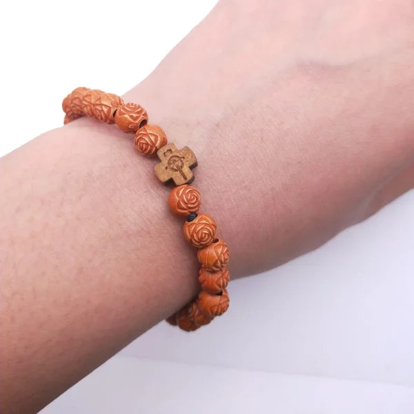 Religious Jewelry Plastic Wood Rose Bead Cross Bracelet 5.5g Rosary Bracelet