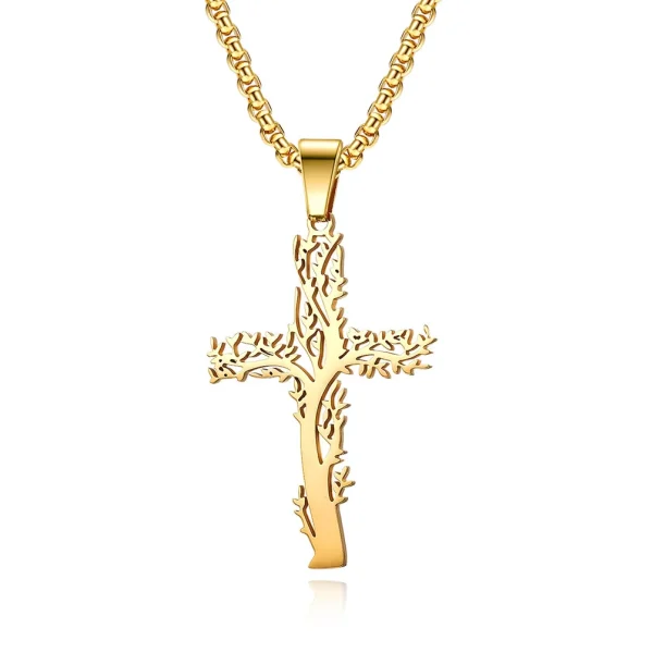 Stainless Steel Crucifix Tree Life Cross Pendant Necklace Jewelry for Men Women Religious Jesus Jewelry