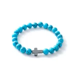 Vintage Zinc Alloy Beaded Bracelets Cross Charm Elastic Stretch Religious Catholic Gift - Image 6