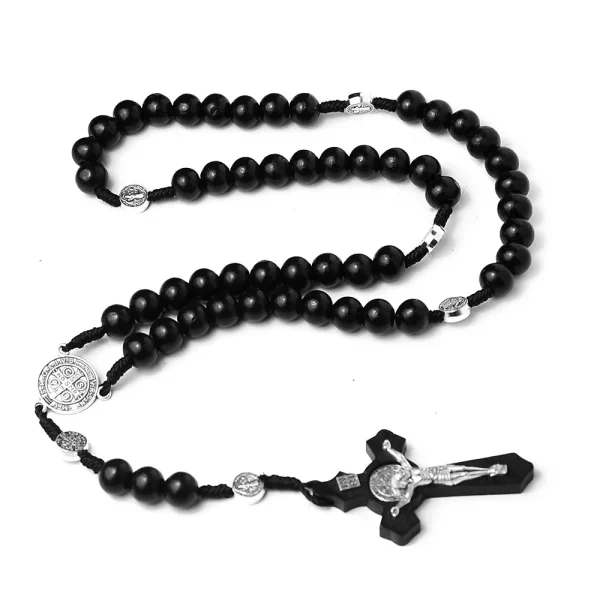 Catholic Rosary Crucifix Religious Jewelry Saint Benedict Charm Cross Pendant Jesus 10mm Wood Beads Handmade Rosaries Wh