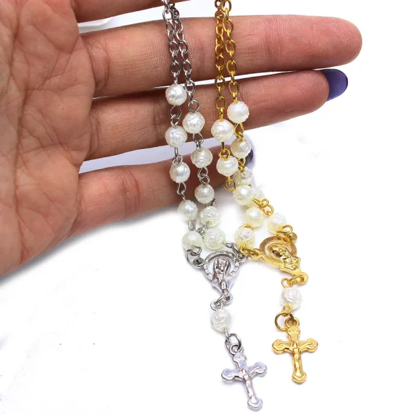 Handmade Luxury 6mm Rosary Beaded Bracelet with Rose Cross Crucifix Trendy Alloy Charm Bracelets for Women for Anniversa