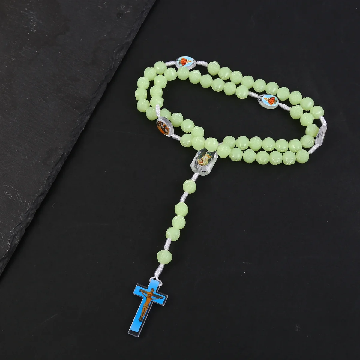 Catholic Rosary Necklace Luminous 10mm Glowing Prayer Pendant Rose Plastic Beads Jesus Icon Christian Jewelry for Easter Gifts - Image 2