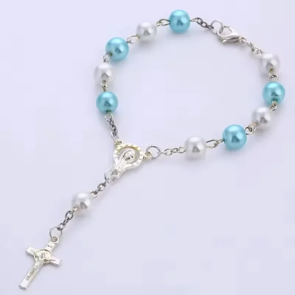 Colorful Pearl Rosary Cross Bracelet Handmade Beaded Religious Jewelry Anniversary Gift Mainly Made of Zinc Alloy