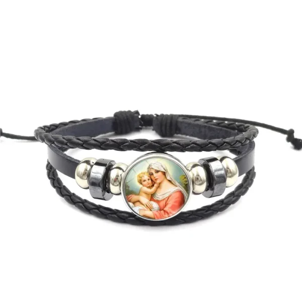 Mecrt Men’s Religious Punk Cuff Bracelets Virgin Mary Medal Beaded Woven Leather Wristband Zodiac Gifts with Cross